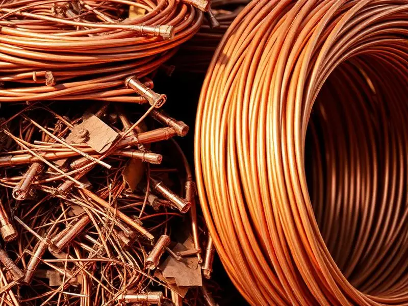 Fios e sucata de cobre em tons avermelhados