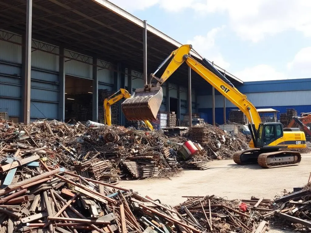 Pátio industrial com escavadeira movimentando sucata metálica