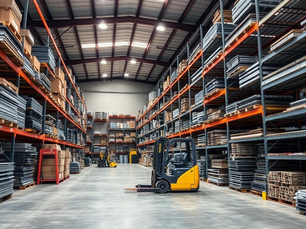 Estoque industrial organizado com prateleiras de materiais metálicos