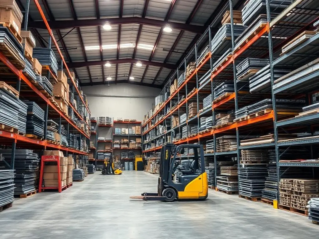 Estoque industrial organizado com prateleiras de materiais metálicos